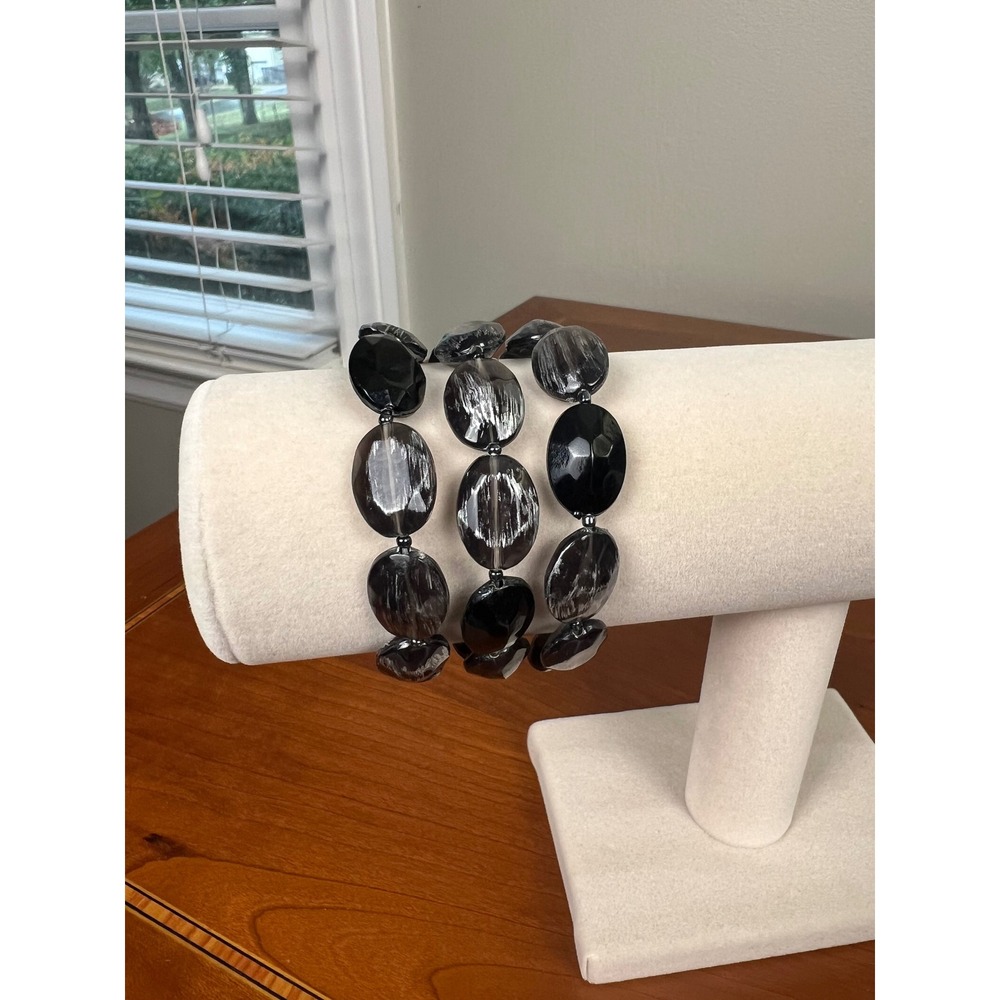 Set of 3 Black White Marbled Oval Bead Stretch Bracelets Monochromatic Stack